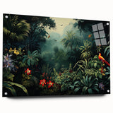 Acrylic wall art collection showcasing a vibrant rainforest landscape design, displayed in a sleek frame with pins, ideal for adding a tropical touch to home decor.