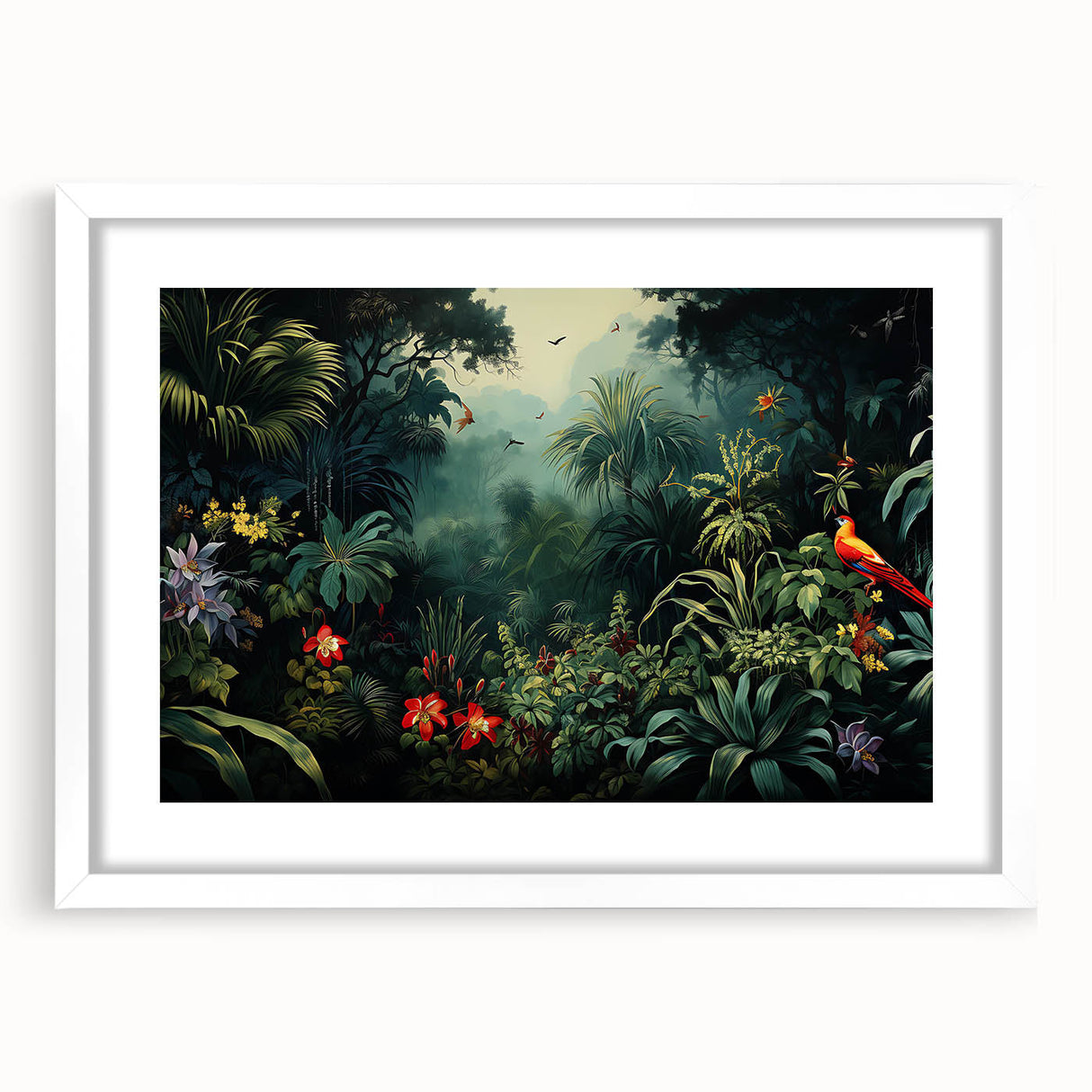Framed wall art featuring a vibrant rainforest landscape design, showcasing lush greenery and tropical plants, presented with a white mat for an elegant finish.