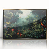 Framed acrylic wall art showcasing a vibrant rainforest landscape design with gold accents, perfect for home decor and nature-inspired aesthetics.