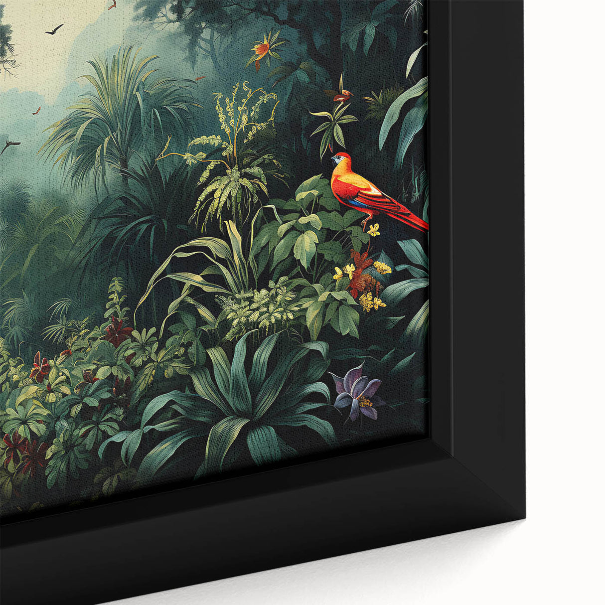 Close-up of a vibrant rainforest-themed framed canvas wall art, showcasing lush green foliage and intricate details, perfect for nature-inspired decor.