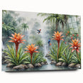 Acrylic wall art showcasing a vibrant rainforest landscape design, featuring lush greenery and colorful flora, displayed in a modern frame with pins for easy hanging.