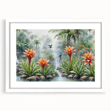 Framed wall art showcasing vibrant rainforest landscapes with lush greenery and tropical colors. The white mat enhances the artwork's detail, ideal for nature enthusiasts.