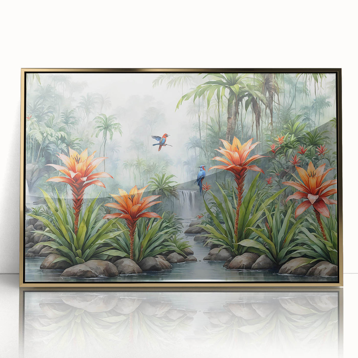 Framed acrylic wall art showcasing a vibrant rainforest landscape with rich green foliage and golden accents, perfect for adding a tropical touch to home decor.