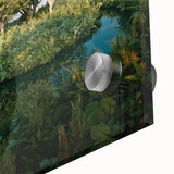 Close-up of vibrant rainforest wall art design on acrylic glass, showcasing rich greens and blues with detailed foliage patterns, perfect for nature-themed decor.
