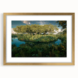 Framed rainforest landscape wall art design showcasing vibrant green hues and gold accents, enhancing any living space with natural beauty and elegance.