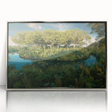 Framed acrylic wall art showcasing a vibrant rainforest landscape design, featuring rich greens and blues, ideal for enhancing modern home decor with a touch of nature.