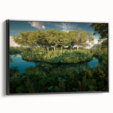 Framed canvas wall art showcasing a vibrant rainforest landscape design, displayed in a sleek black frame, perfect for enhancing modern home decor.
