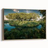 Framed canvas wall art showcasing a vibrant rainforest landscape with lush greenery and golden accents, ideal for enhancing home decor and creating a tranquil atmosphere.