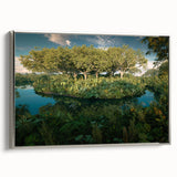 Framed canvas wall art showcasing a vibrant rainforest landscape design with silver accents, ideal for enhancing interior decor. Perfect for nature-inspired settings.