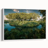 Framed canvas wall art showcasing a vibrant rainforest landscape design, featuring lush greenery and colorful flora, displayed against a white backdrop.