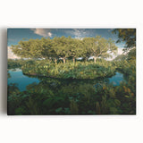 Vibrant rainforest landscape design printed on stretched canvas wall art, showcasing lush greenery and tropical elements, perfect for enhancing home decor.