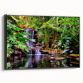 Framed black canvas wall art featuring a vibrant rainforest landscape design, showcasing lush greenery and vivid colors, ideal for enhancing modern decor.