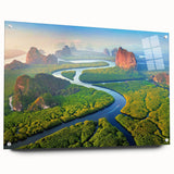 Acrylic glass wall art collection showcasing a vibrant rainforest landscape design, viewed from the side with decorative pins, perfect for enhancing modern interiors.