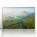 Framed acrylic wall art collection showcasing a vibrant rainforest landscape with lush greenery and tropical colors, perfect for home decor enhancement.