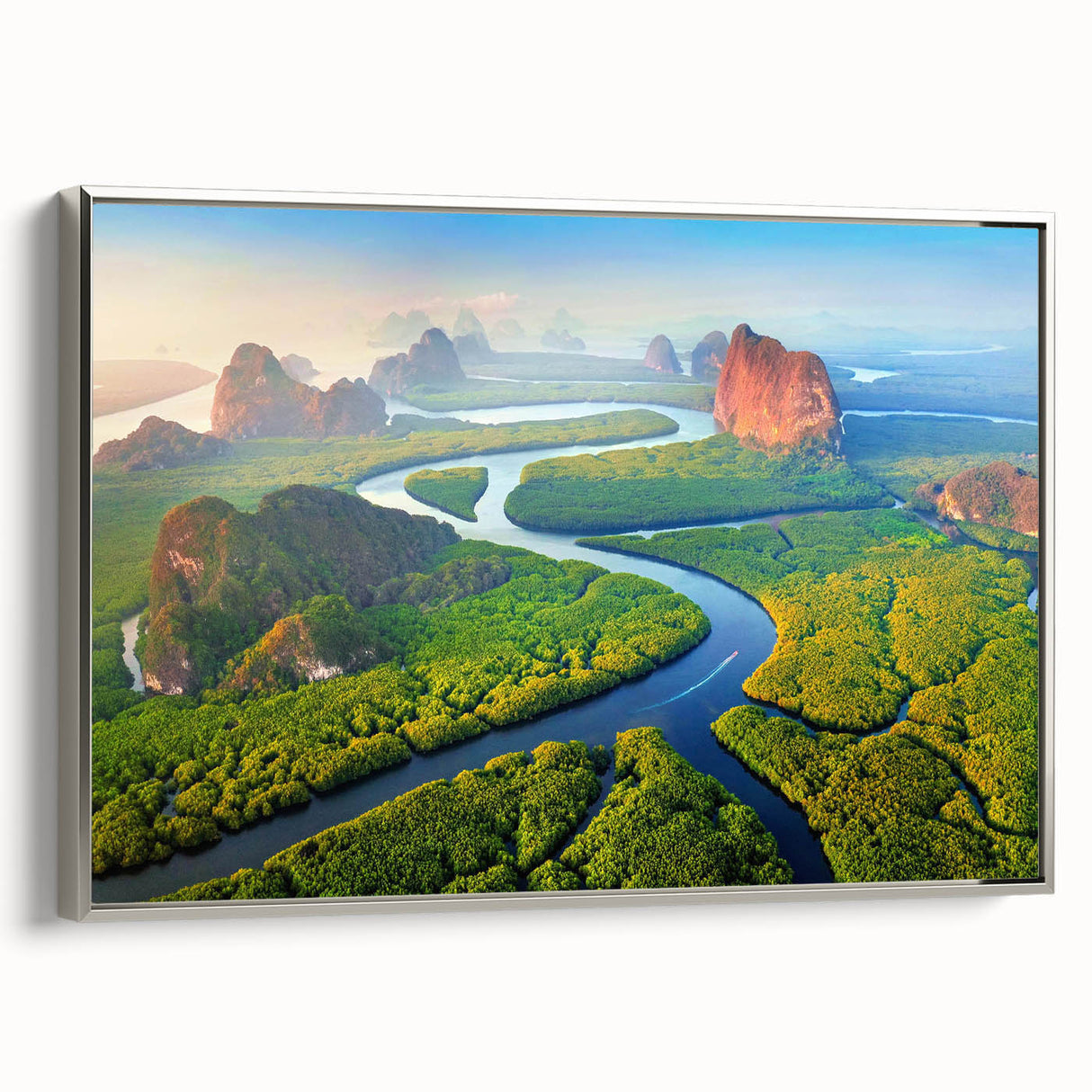 Framed canvas wall art showcasing a vibrant rainforest landscape design in rich greens and browns, featuring a sleek silver frame, perfect for nature-themed decor.