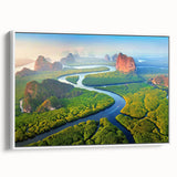 Framed canvas wall art showcasing a vibrant rainforest landscape design with rich greens and browns, viewed from the side, perfect for nature-inspired decor.