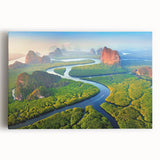 Vibrant stretched canvas wall art depicting a lush rainforest landscape design, showcasing rich greens and intricate details, perfect for nature-themed decor.