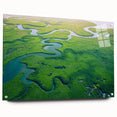 Acrylic glass artwork showcasing a vibrant rainforest landscape design, elegantly displayed from a side view with mounting pins, perfect for enhancing wall decor.
