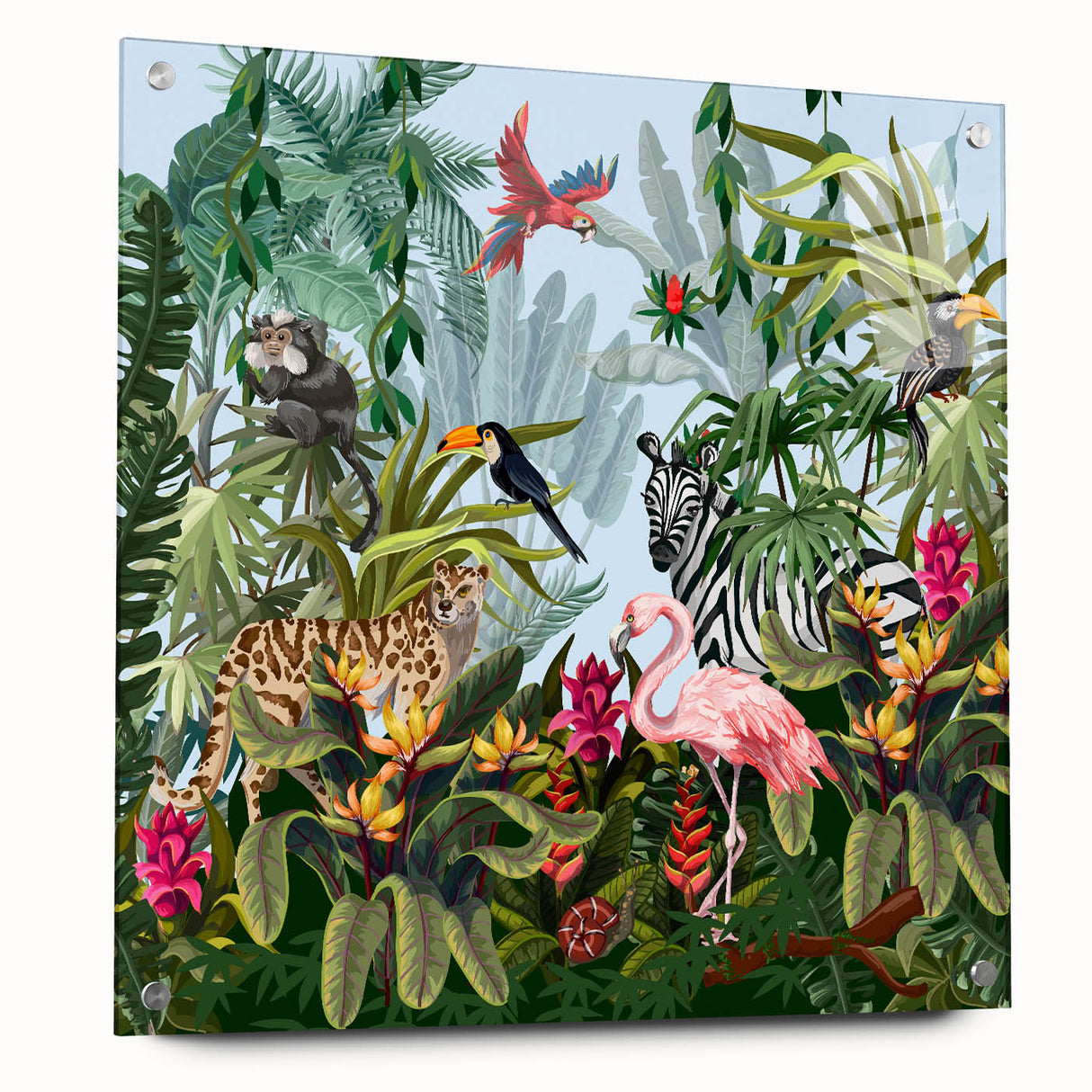 Acrylic glass wall art displaying a vibrant rainforest landscape with lush greenery and intricate details, securely mounted with pins for a modern touch. Ideal for nature-themed decor.