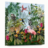 Acrylic glass wall art displaying a vibrant rainforest landscape with lush greenery and intricate details, securely mounted with pins for a modern touch. Ideal for nature-themed decor.