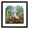 Framed wall art showcasing a vibrant rainforest landscape design with lush greenery and vivid colors, featuring a black matte frame for an elegant finish.