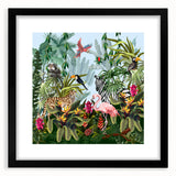 Framed wall art showcasing a vibrant rainforest landscape design with lush greenery and vivid colors, featuring a black matte frame for an elegant finish.