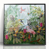 Framed acrylic wall art showcasing a vibrant rainforest landscape design with lush greenery and vivid colors, presented in a sleek black frame, ideal for nature-inspired decor.