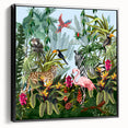 Framed canvas wall art showcasing a vibrant rainforest landscape design, featuring lush greenery and rich colors, with a sleek black frame enhancing its modern aesthetic. Ideal for nature lovers seeking to elevate their home decor.