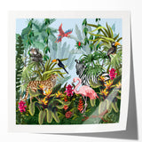 Vibrant rainforest landscape wall art print showcasing lush greenery and colorful flora, rolled and ready for framing, perfect for nature-inspired decor.