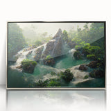 Framed acrylic wall art showcasing a vibrant rainforest landscape design with rich greens and blues, enhancing modern decor with its sleek silver frame.