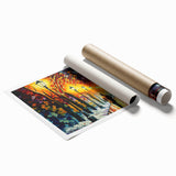 Vibrant rolled print showcasing a scenic landscape road design, ideal for home or office decor, presented in a protective cardboard tube for safe shipping.
