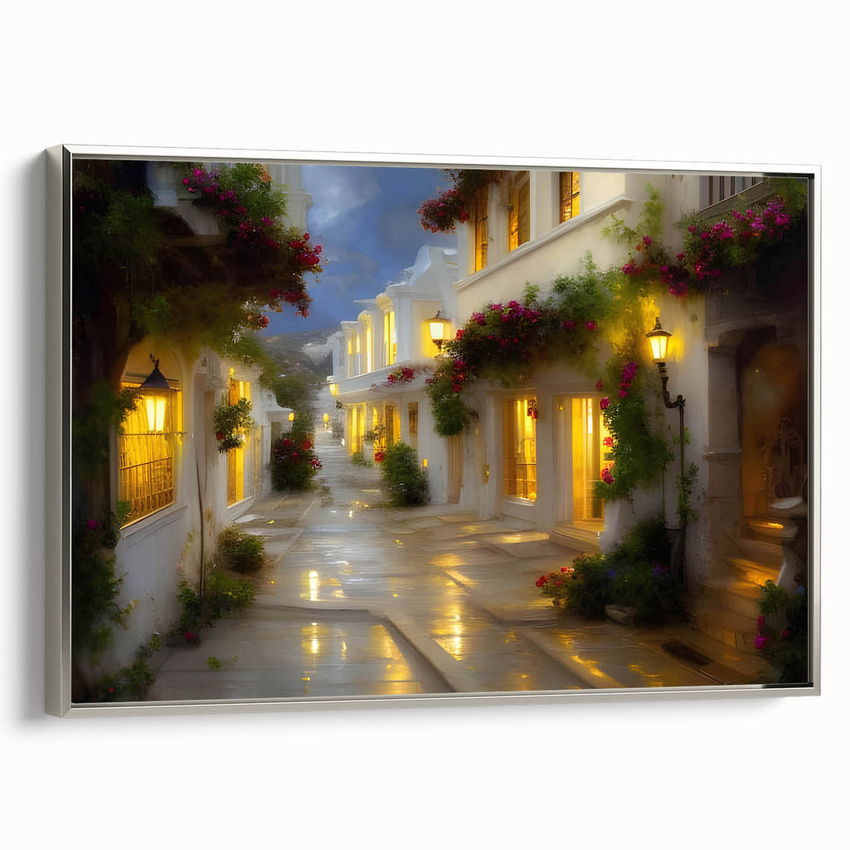 Framed canvas wall art showcasing a serene landscape design with roads, featuring a silver frame. Ideal for modern home decor, adding elegance and tranquility.