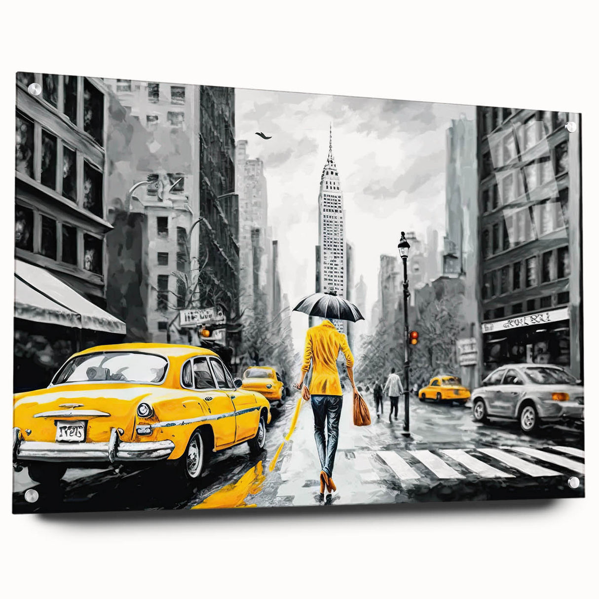 Acrylic glass wall art collection showcasing a vibrant landscape road design, viewed from the side with decorative pins, perfect for modern home decor.