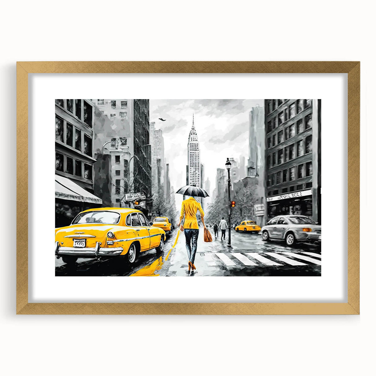 Framed gold wall art featuring a scenic landscape road design, elegantly matted for a sophisticated look, perfect for modern home decor accents.