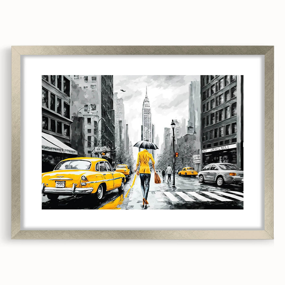Framed wall art showcasing a scenic landscape road design, featuring a silver mat and sleek frame, ideal for enhancing home decor with a modern touch.