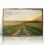Framed wall art featuring a vibrant landscape road design with gold accents, elegantly displayed for modern interior decor, perfect for enhancing living spaces.