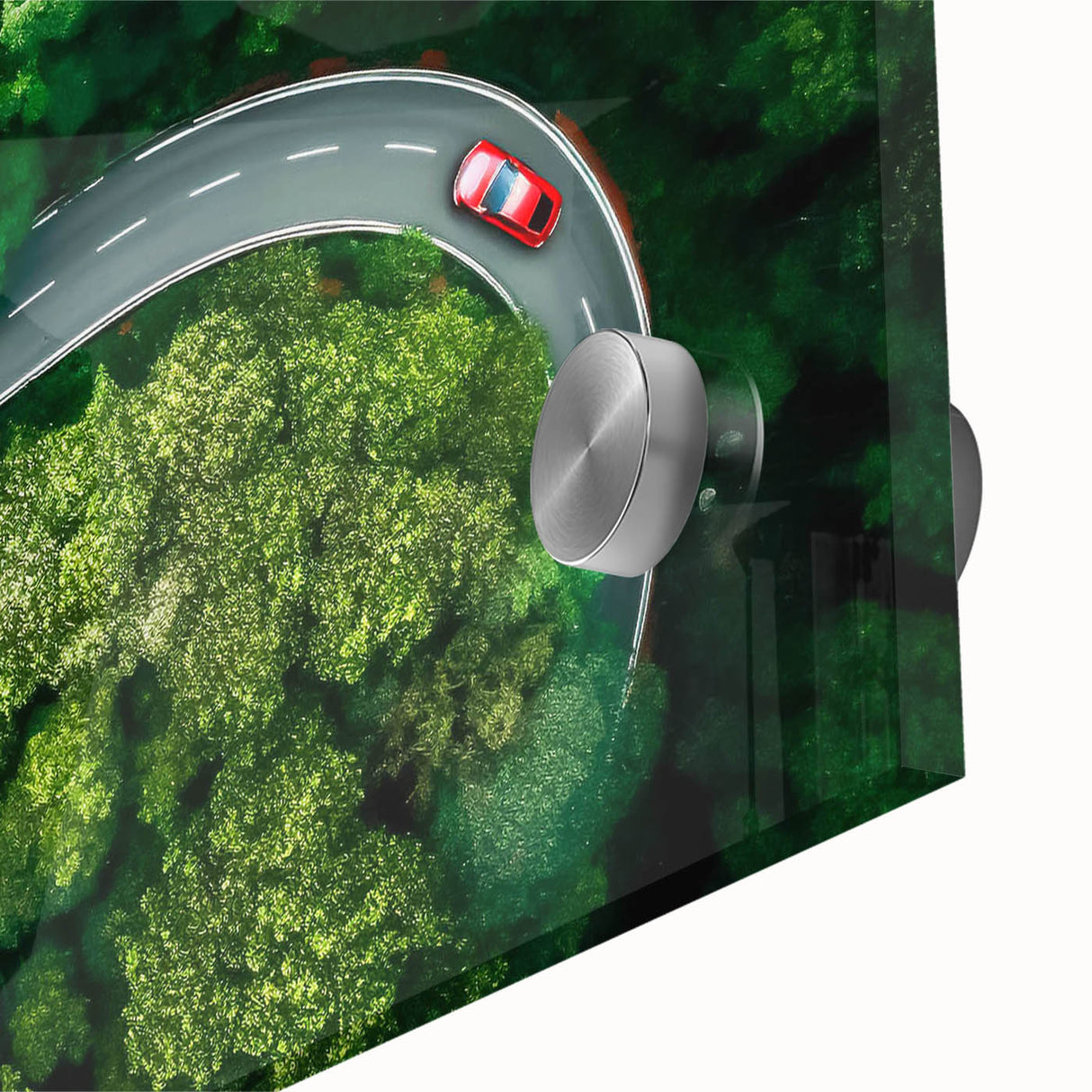 Close-up of a vibrant acrylic glass wall art piece showcasing a scenic landscape with winding roads, ideal for modern home decor. Perfect for enhancing interior spaces.