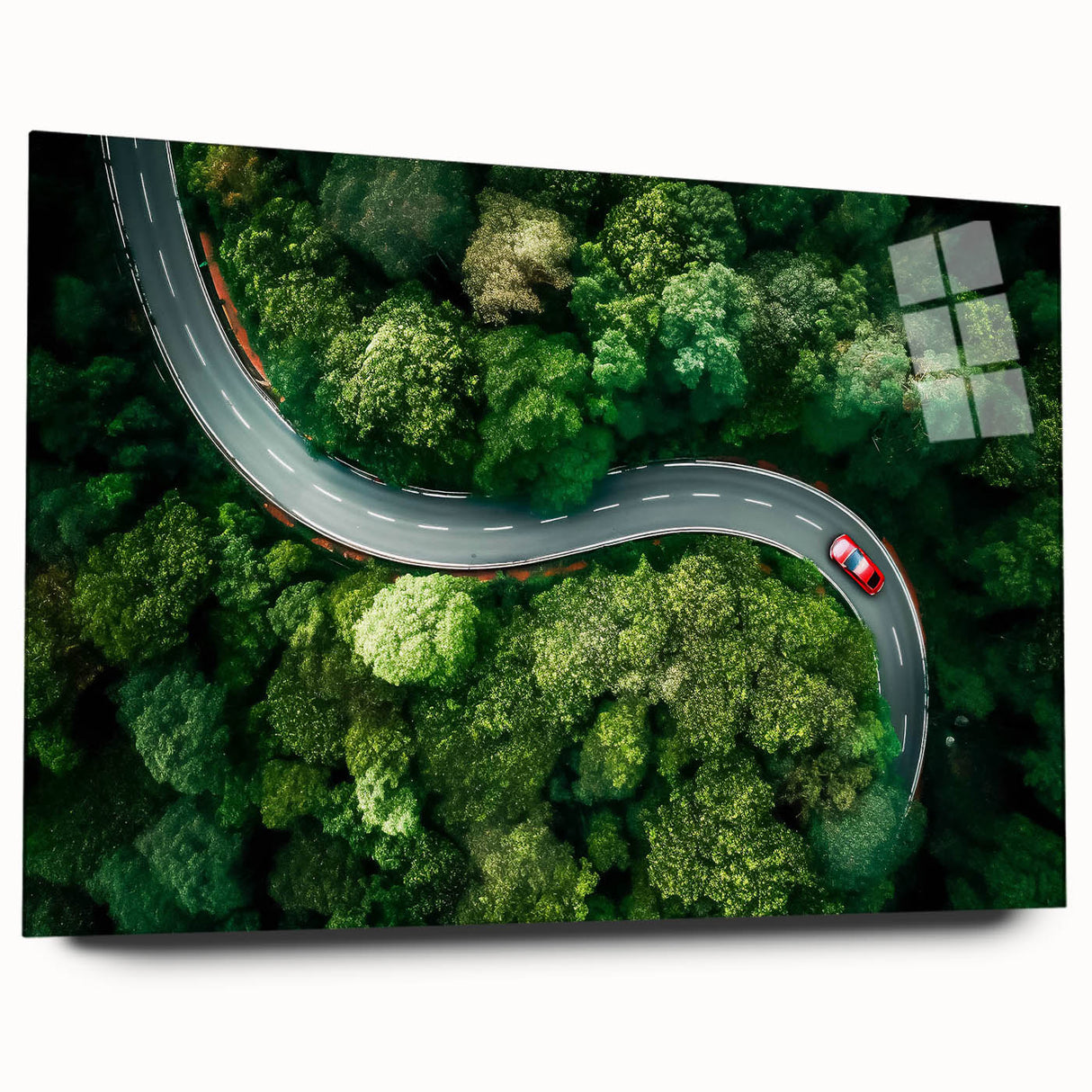 Acrylic glass wall art featuring a serene landscape design with winding roads, showcasing vibrant colors and intricate details, perfect for modern home decor.