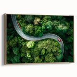 Framed canvas wall art showcasing a serene landscape with winding roads, featuring a rich gold border, perfect for enhancing modern home decor.