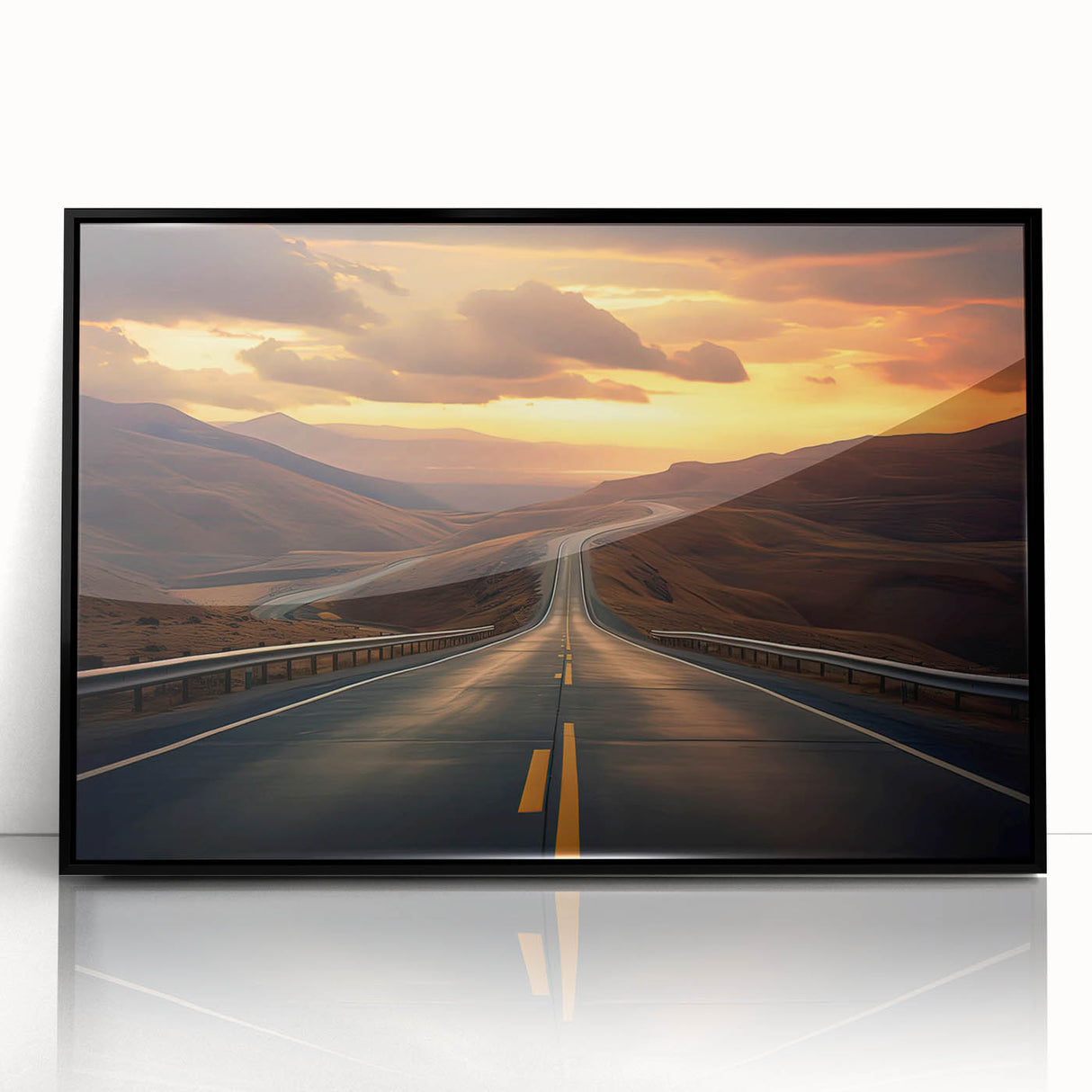 Framed acrylic wall art showcasing a scenic landscape with winding roads, featuring a sleek black frame, perfect for modern home decor.