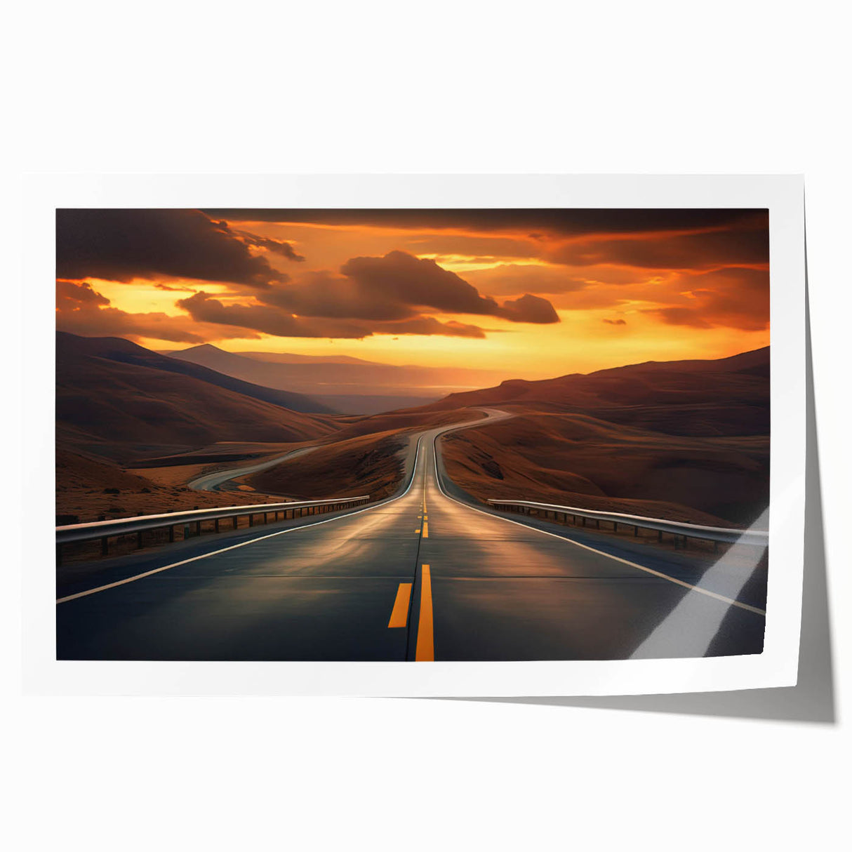 Vibrant landscape wall art print depicting winding roads through lush greenery, ideal for home decor or office spaces, rolled and ready for framing.