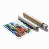 Rolled print showcasing a vibrant landscape design with winding roads and lush greenery, perfect for home decor, delivered in a protective cardboard tube.