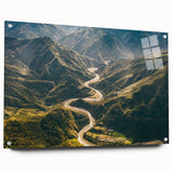 Acrylic wall art featuring a vibrant landscape design of winding roads, displayed in a side view with pins for easy mounting, perfect for modern home decor.