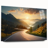 Acrylic glass wall art showcasing a vibrant landscape design with winding roads and lush greenery, presented in a modern, frameless style for contemporary decor.