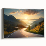 Framed wall art showcasing a serene landscape design with winding roads, featuring a silver frame and vibrant colors, perfect for home decor enhancement.