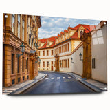 Acrylic glass wall art showcasing a vibrant landscape design with a winding road, framed for easy display. Ideal for modern home decor or office aesthetics.