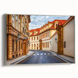 Framed canvas wall art of a serene landscape road design, featuring vibrant colors and silver accents, ideal for home decor and interior design aesthetics.