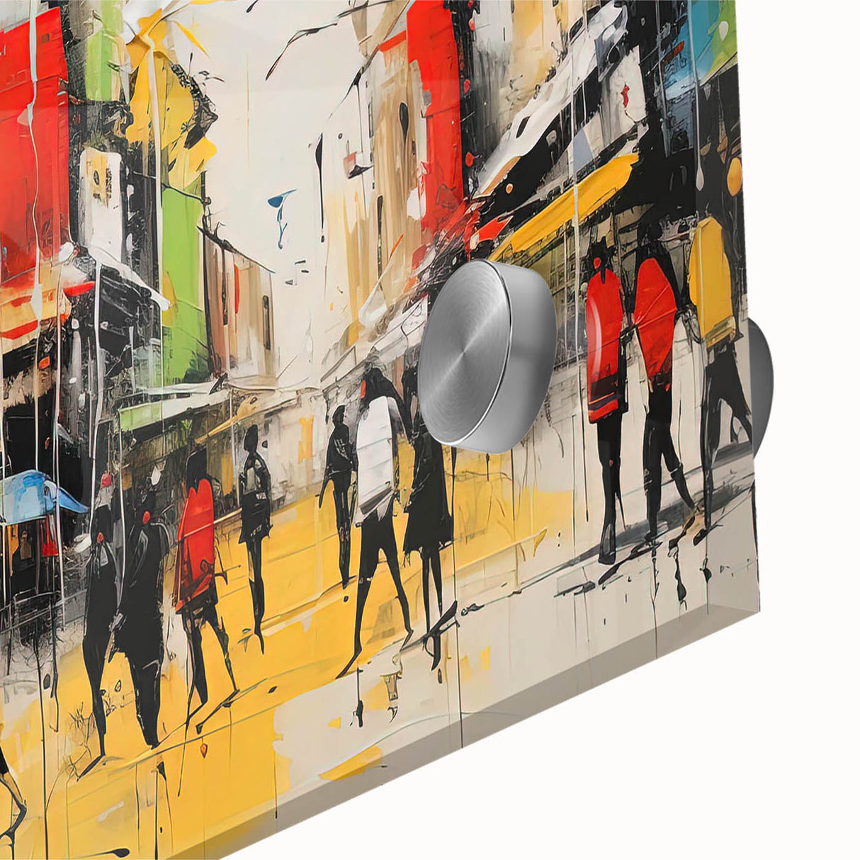 Close-up of a vibrant acrylic wall art collection showcasing abstract landscapes and winding roads, emphasizing rich colors and intricate design details. Perfect for modern home decor.