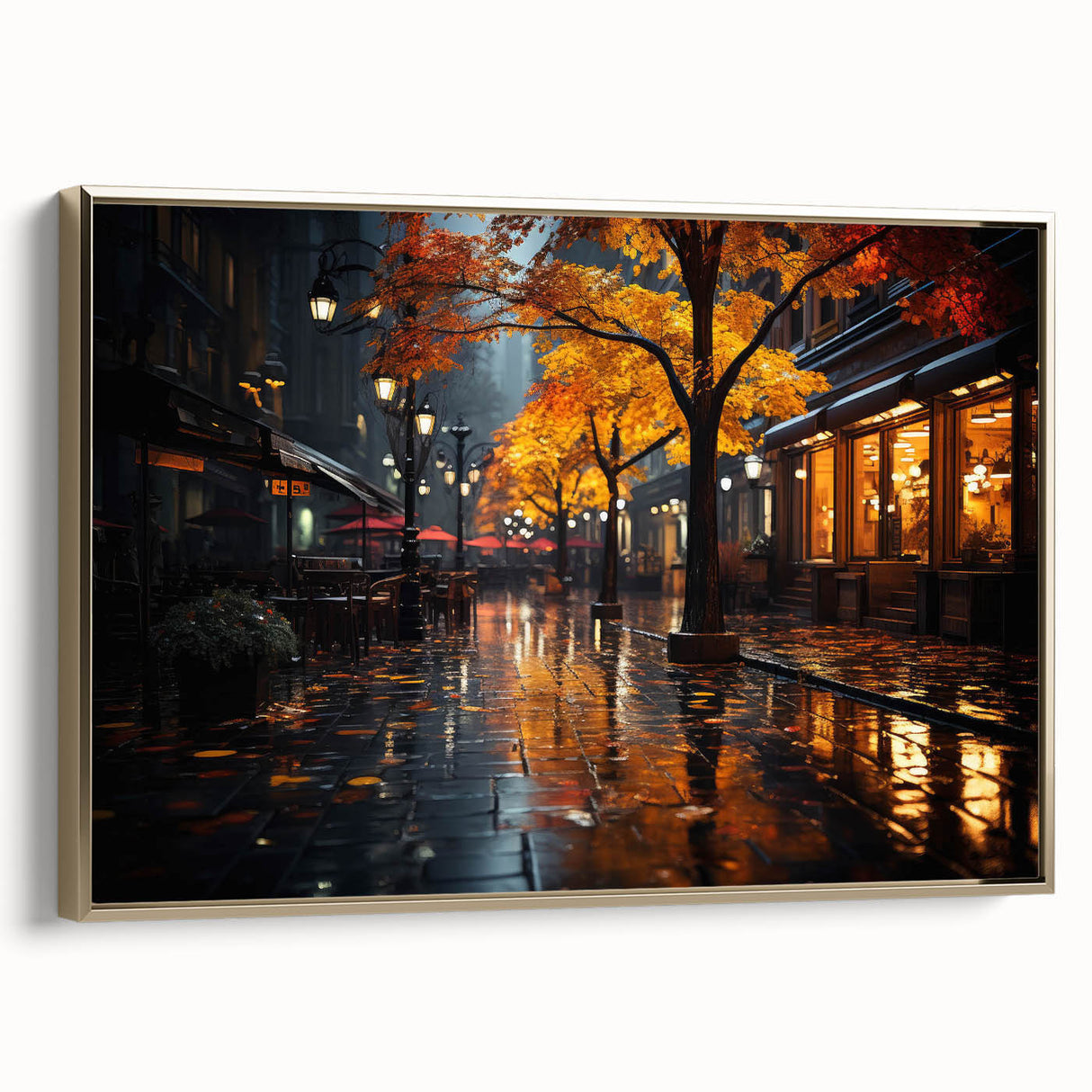 Framed canvas wall art depicting a serene landscape with winding roads, featuring gold accents and a modern design, ideal for home decor or office spaces.