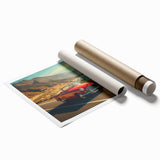 Rolled print of a scenic landscape featuring winding roads and lush greenery, designed for wall art, highlighting vibrant colors and intricate details. Perfect for home decor or artistic display.